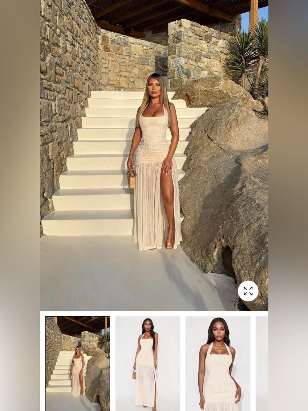 Fashion Nova Cream Ruched Maxi Dress with High Thigh Slit